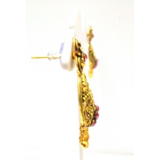 Gold Oxidized Earring Jhumka Jhumki Bali Push Back Drop Dangle - III Pink Stones